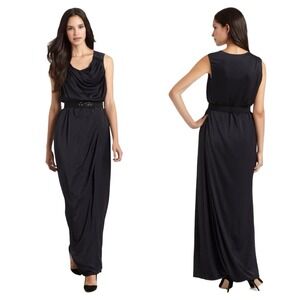 BCBG DK Navy (JUF6K316) Belted Satin Sleeveless Long Dress Size 8 ($338) NWOT